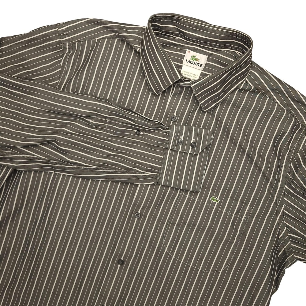 Lacoste Shirt Mens 42 Gray Stripe Long Sleeve Button Up Croc Logo Dress Casual